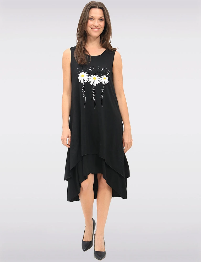 Whimsical Black Sleeveless Daisy Print High-Low Tiered Dress by Fun Sport