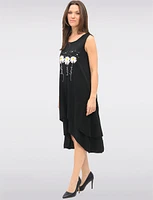 Whimsical Black Sleeveless Daisy Print High-Low Tiered Dress by Fun Sport