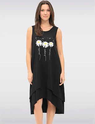 Whimsical Black Sleeveless Daisy Print High-Low Tiered Dress by Fun Sport