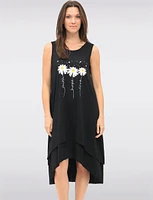 Whimsical Black Sleeveless Daisy Print High-Low Tiered Dress by Fun Sport