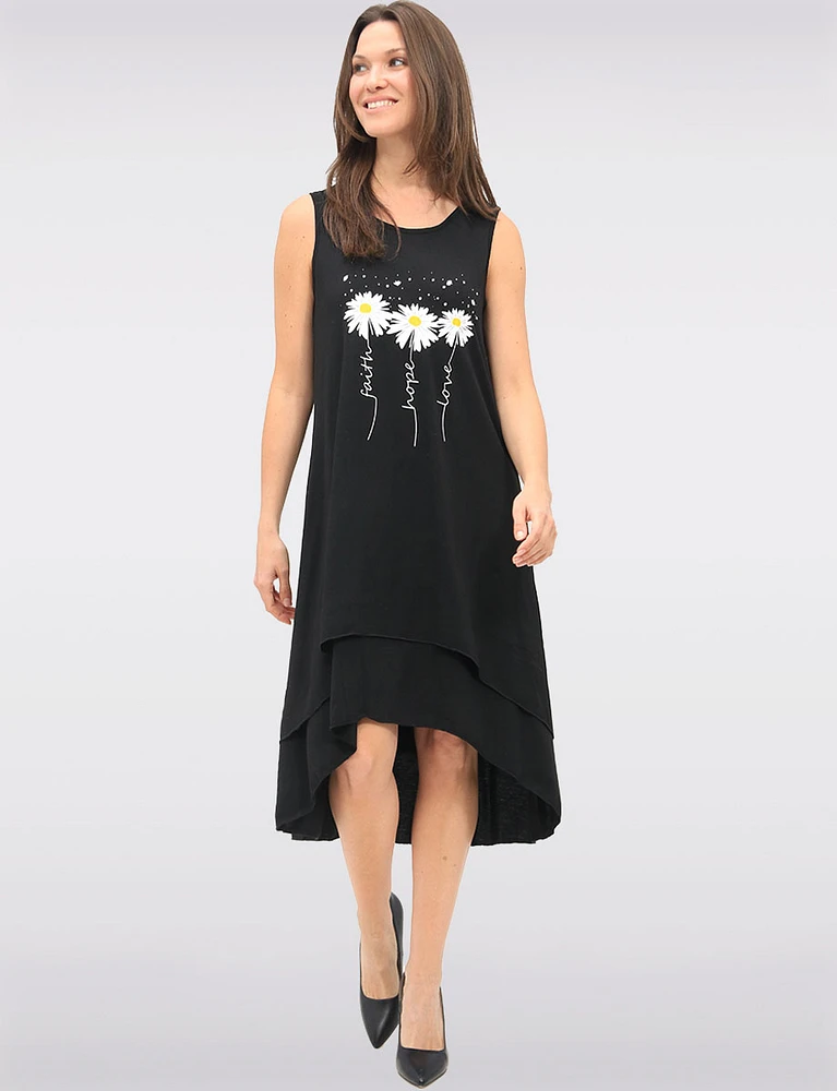 Whimsical Black Sleeveless Daisy Print High-Low Tiered Dress by Fun Sport