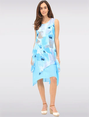 Flowy Sleeveless Two-Tier Dress with Abstract Watercolor Print by Fun Sport