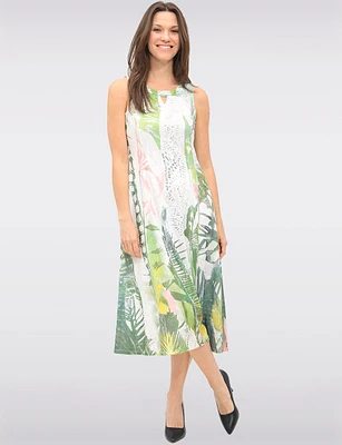 Elegant Sleeveless Midi A-Line Dress with Mesh Detail & Tropical Print by Cativa