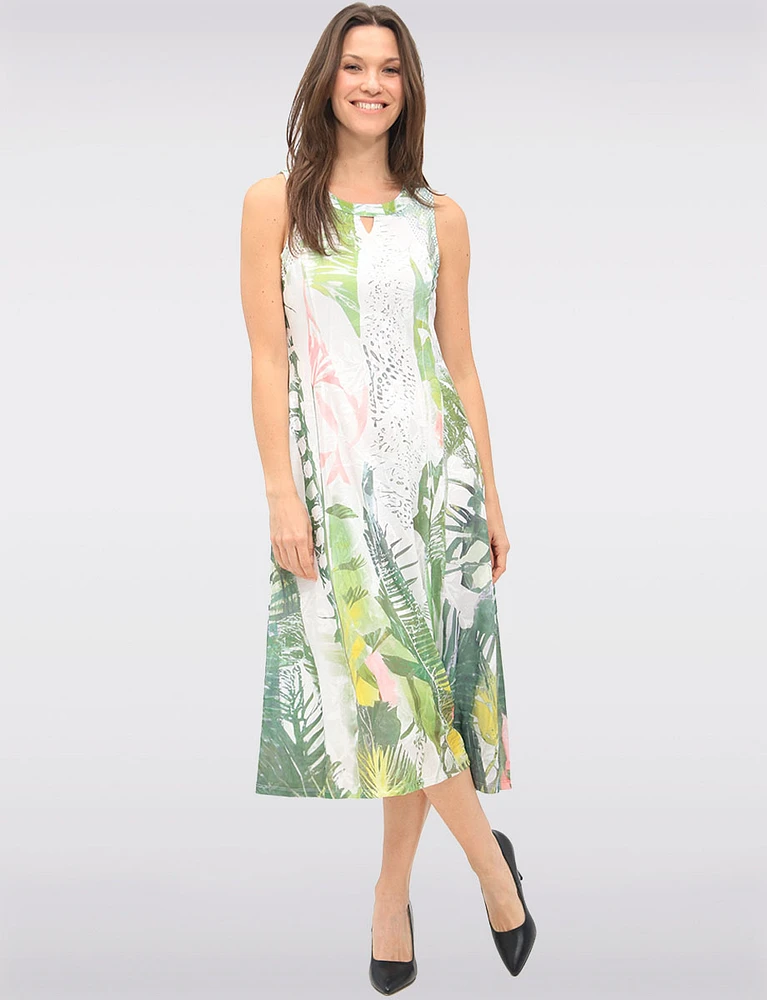 Elegant Sleeveless Midi A-Line Dress with Mesh Detail & Tropical Print by Cativa