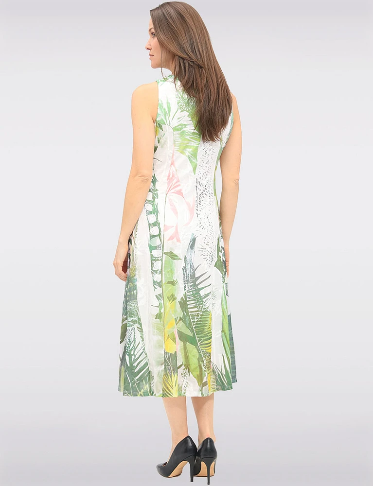 Elegant Sleeveless Midi A-Line Dress with Mesh Detail & Tropical Print by Cativa