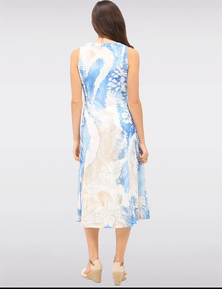 Sleeveless Chic Printed Midi A-Line Dress with Mesh Details by Cativa