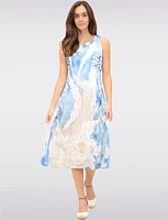 Sleeveless Chic Printed Midi A-Line Dress with Mesh Details by Cativa
