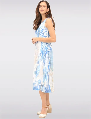 Sleeveless Chic Printed Midi A-Line Dress with Mesh Details by Cativa