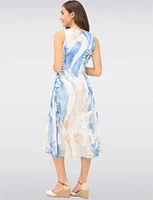 Sleeveless Chic Printed Midi A-Line Dress with Mesh Details by Cativa