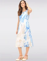 Sleeveless Chic Printed Midi A-Line Dress with Mesh Details by Cativa