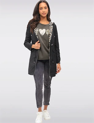 Chic Reversible Black & Leopard Print Parka Raincoat by Ellen Tracy