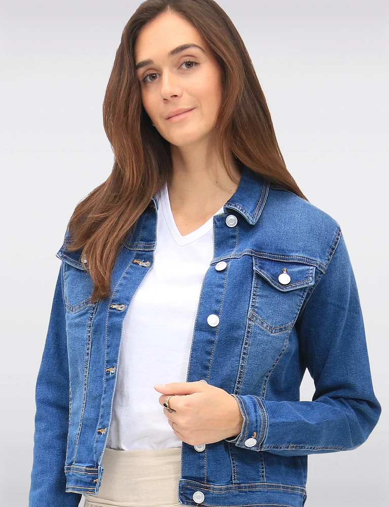 Classic Cotton Stretch Mid-Tone Denim Wash Cropped Jean Jacket by Baccini