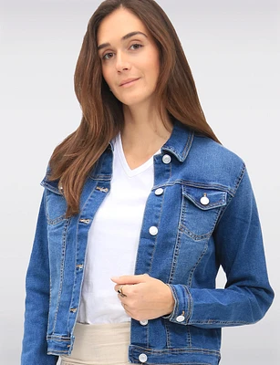 Classic Cotton Stretch Mid-Tone Denim Wash Cropped Jean Jacket by Baccini