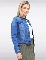 Classic Cotton Stretch Mid-Tone Denim Wash Cropped Jean Jacket by Baccini
