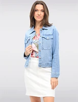 Light Wash Stretch Denim Jean Jacket with Utility Patch Pockets by Baccini