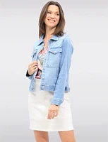 Light Wash Stretch Denim Jean Jacket with Utility Patch Pockets by Baccini