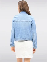 Light Wash Stretch Denim Jean Jacket with Utility Patch Pockets by Baccini