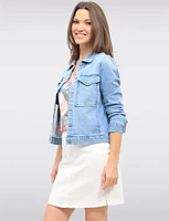 Light Wash Stretch Denim Jean Jacket with Utility Patch Pockets by Baccini