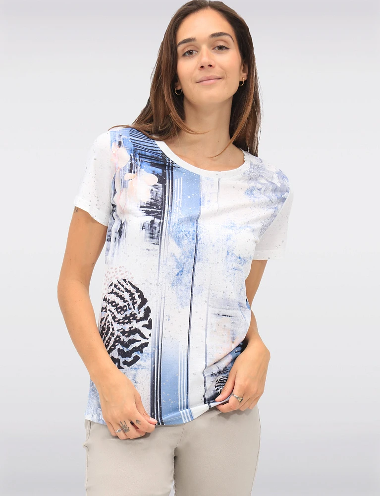 Chic Short Sleeve Top with Silver Foil Print and Floral Accents by Ness