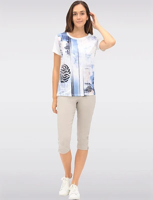 Chic Short Sleeve Top with Silver Foil Print and Floral Accents by Ness
