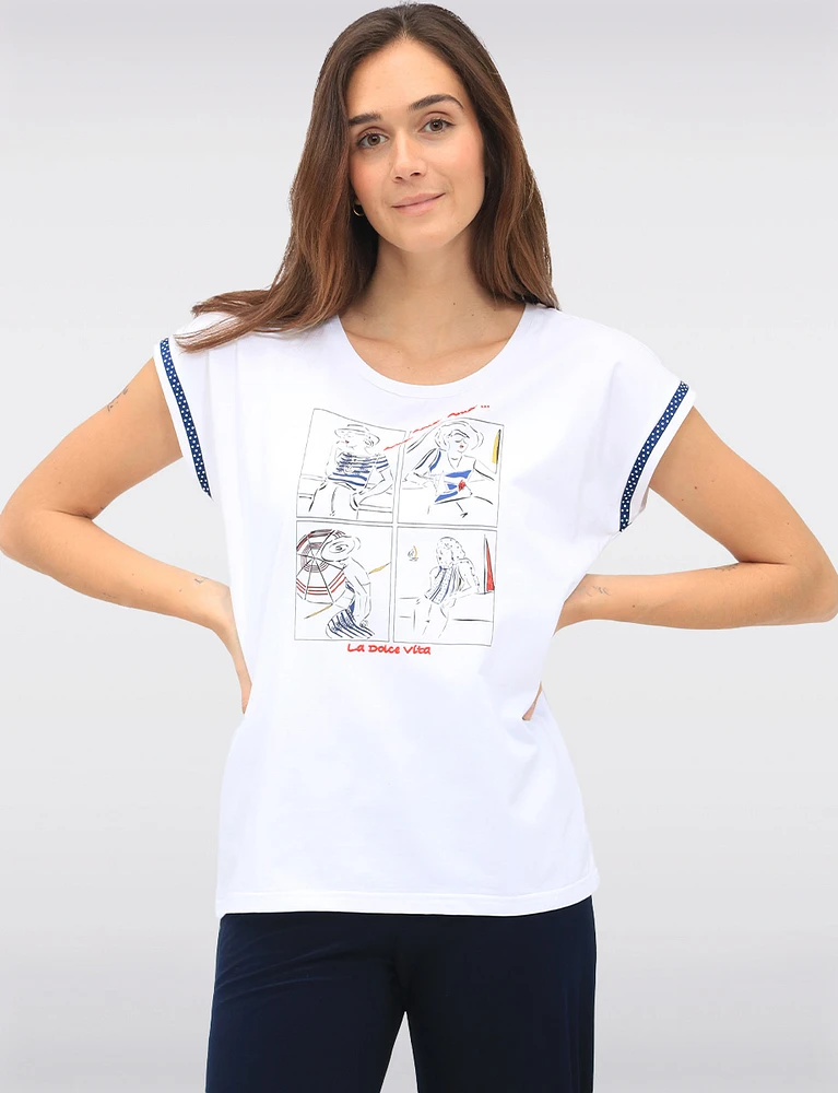 Chic Sleeveless Stretch Cotton Top Featuring a Red & Navy Playful Print by Orly