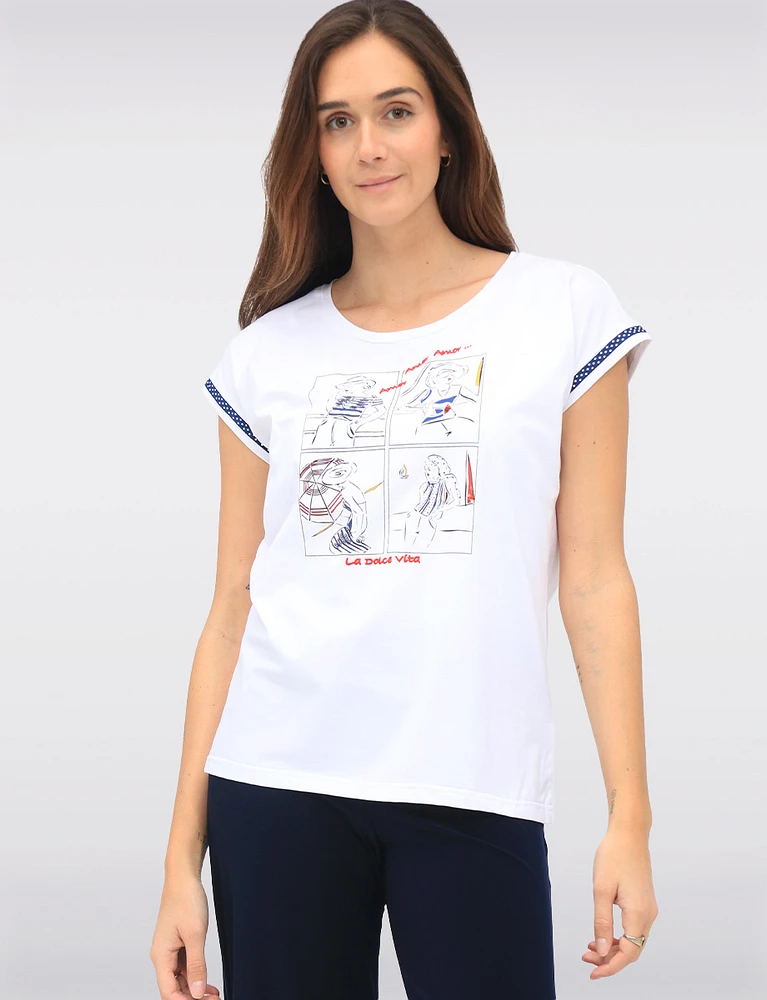 Chic Sleeveless Stretch Cotton Top Featuring a Red & Navy Playful Print by Orly
