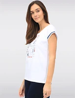 Chic Sleeveless Stretch Cotton Top Featuring a Red & Navy Playful Print by Orly