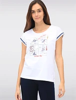 Chic Sleeveless Stretch Cotton Top Featuring a Red & Navy Playful Print by Orly