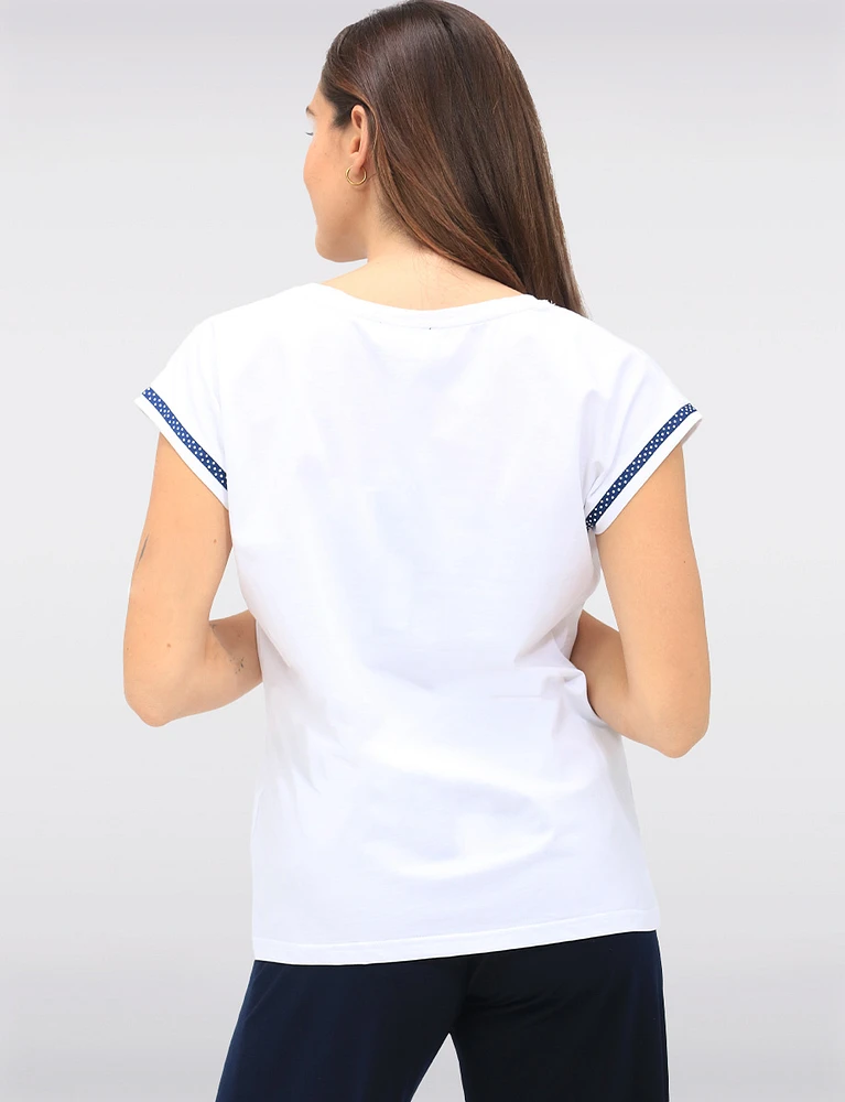 Chic Sleeveless Stretch Cotton Top Featuring a Red & Navy Playful Print by Orly