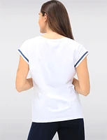 Chic Sleeveless Stretch Cotton Top Featuring a Red & Navy Playful Print by Orly