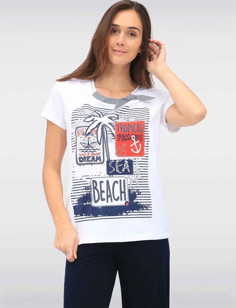 Cotton Stretch Short Sleeve Top with Tropical Beach Print & Tie Detail by Orly