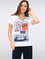 Cotton Stretch Short Sleeve Top with Tropical Beach Print & Tie Detail by Orly