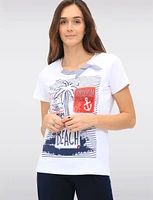 Cotton Stretch Short Sleeve Top with Tropical Beach Print & Tie Detail by Orly