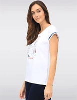 Cotton Stretch Short Sleeve Top with Tropical Beach Print & Tie Detail by Orly
