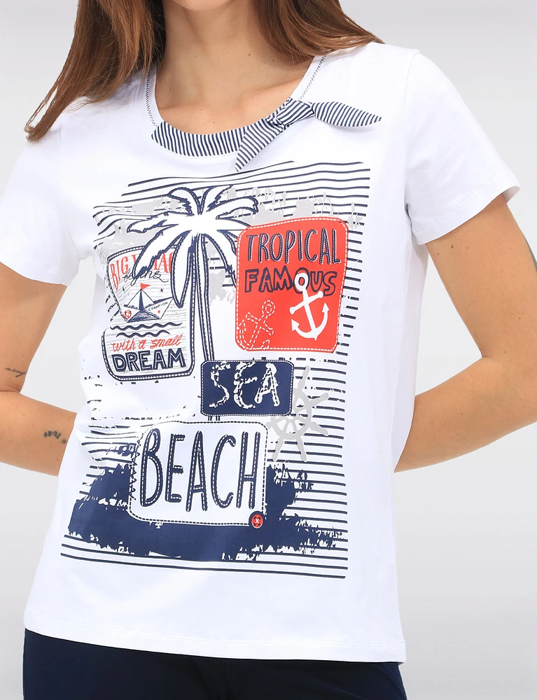 Cotton Stretch Short Sleeve Top with Tropical Beach Print & Tie Detail by Orly