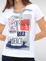 Cotton Stretch Short Sleeve Top with Tropical Beach Print & Tie Detail by Orly