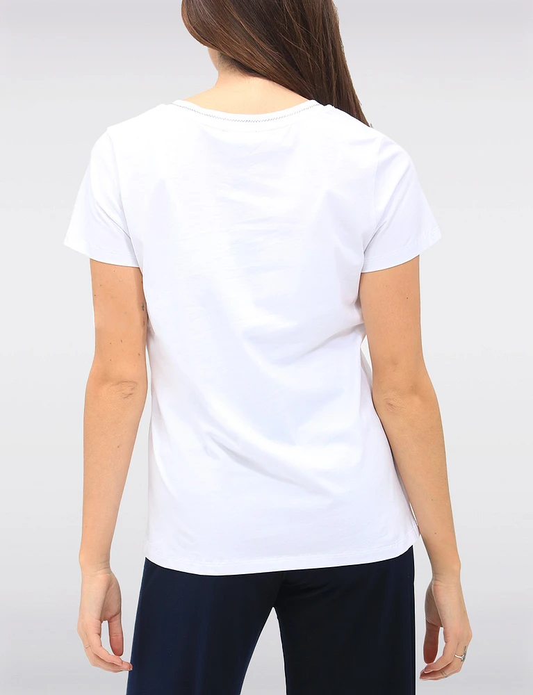 Cotton Stretch Short Sleeve Top with Tropical Beach Print & Tie Detail by Orly