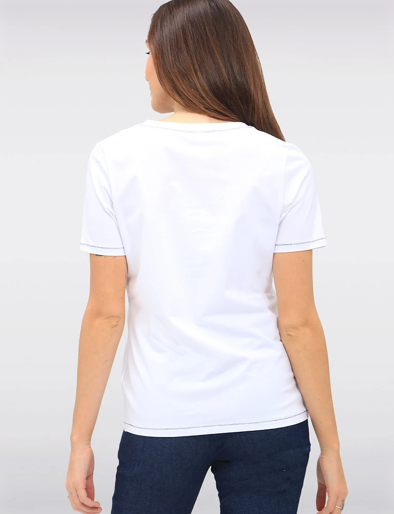 Bold Rhinestone Illustration Deep V-Neck Cotton Stretch Top by Orly