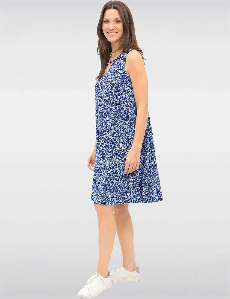 Sleeveless A-Line Mid-Length Dress with Floral Print and Keyhole Neckline by GWV