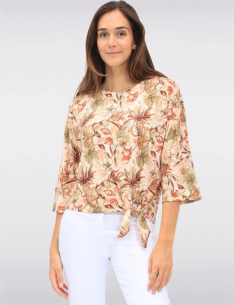 Floral Print Stretch Round Neck 3/4 Dolman Sleeves Top with Front Tie Hem by GWV
