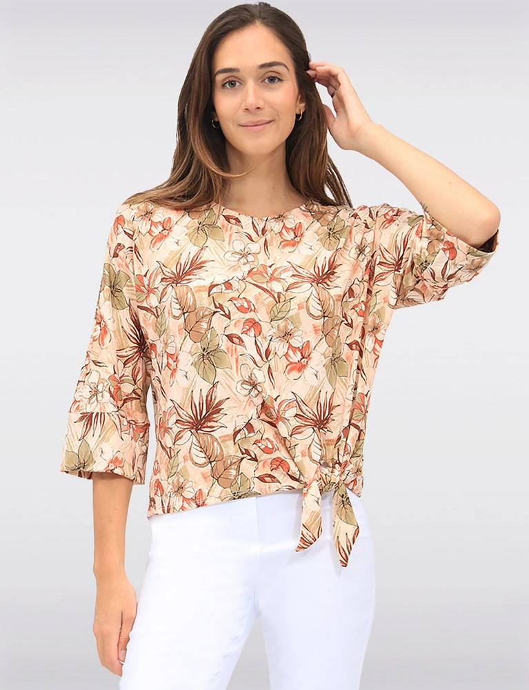 Floral Print Stretch Round Neck 3/4 Dolman Sleeves Top with Front Tie Hem by GWV