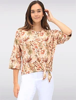 Floral Print Stretch Round Neck 3/4 Dolman Sleeves Top with Front Tie Hem by GWV