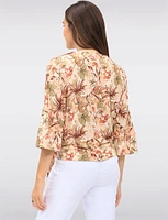 Floral Print Stretch Round Neck 3/4 Dolman Sleeves Top with Front Tie Hem by GWV