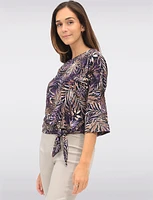 Tropical Leaf Print Stretch Round Neck 3/4 Sleeve Top with Front Tie Hem by GWV