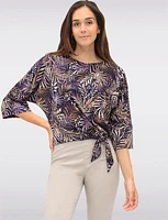 Tropical Leaf Print Stretch Round Neck 3/4 Sleeve Top with Front Tie Hem by GWV