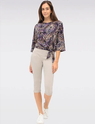 Tropical Leaf Print Stretch Round Neck 3/4 Sleeve Top with Front Tie Hem by GWV