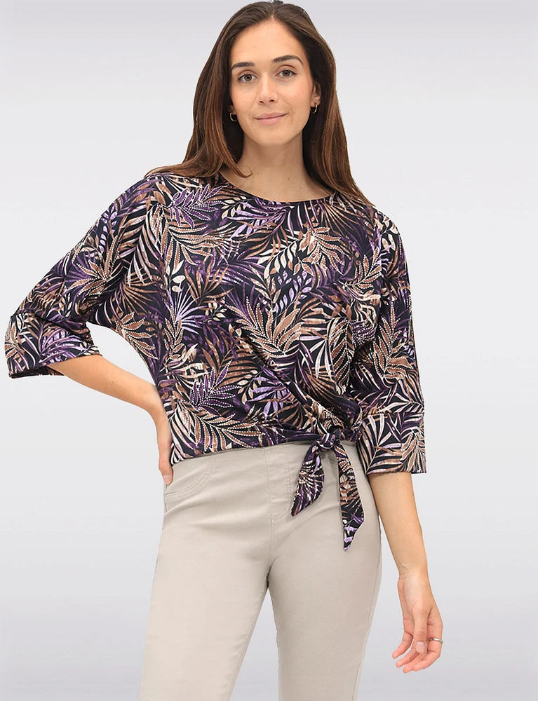 Tropical Leaf Print Stretch Round Neck 3/4 Sleeve Top with Front Tie Hem by GWV