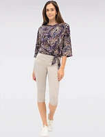Tropical Leaf Print Stretch Round Neck 3/4 Sleeve Top with Front Tie Hem by GWV