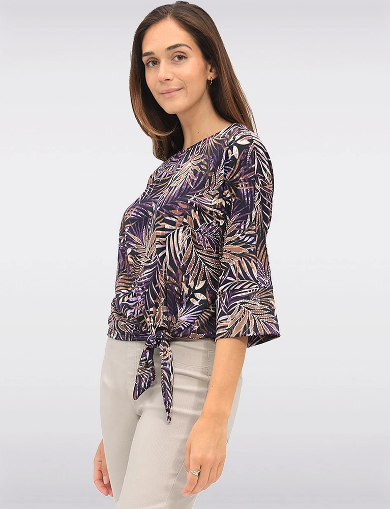 Tropical Leaf Print Stretch Round Neck 3/4 Sleeve Top with Front Tie Hem by GWV