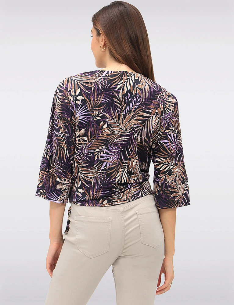 Tropical Leaf Print Stretch Round Neck 3/4 Sleeve Top with Front Tie Hem by GWV